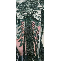 Tule Bordado com Pedrarias Premium Verde Floresta HS3019