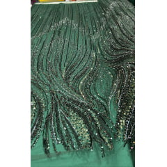 Tule Bordado com Pedrarias Premium Verde Floresta Modelo HT97436