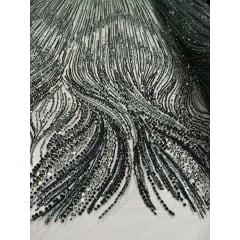 Tule Bordado com Pedrarias Premium Verde Floresta Modelo HT97436