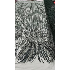 Tule Bordado com Pedrarias Premium Verde Floresta Modelo HT97436