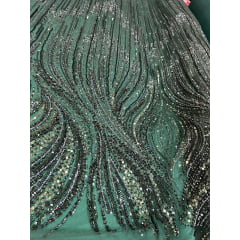 Tule Bordado com Pedrarias Premium Verde Floresta Modelo HT97436