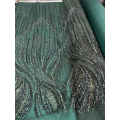 Tule Bordado com Pedrarias Premium Verde Floresta Modelo HT97436