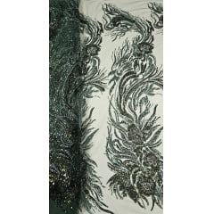 Tule Bordado com Pedrarias Premium Verde Floresta  Modelo HT98645