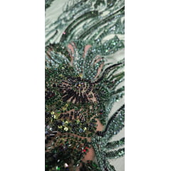 Tule Bordado com Pedrarias Premium Verde Floresta  Modelo HT98645