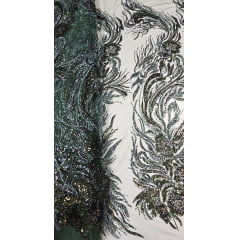 Tule Bordado com Pedrarias Premium Verde Floresta  Modelo HT98645