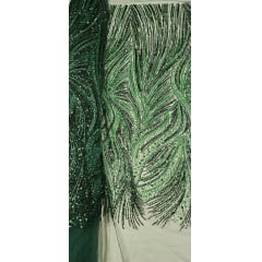 Tule Bordado com Pedrarias Premium Verde Floresta Multicolor HT97424 