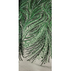 Tule Bordado com Pedrarias Premium Verde Floresta Multicolor HT97424 