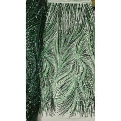 Tule Bordado com Pedrarias Premium Verde Floresta Multicolor HT97424 
