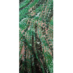 Tule Bordado com Pedrarias Premium Verde Floresta Multicolor HT97424 