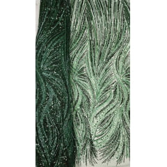 Tule Bordado com Pedrarias Premium Verde Floresta Multicolor HT97424 