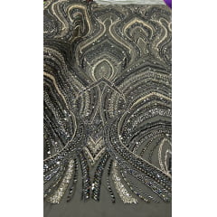 Tule Bordado com Pedrarias Premium Verde Militar com Dourado Multicolor HT97504 