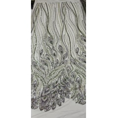 Tule Bordado com Pedrarias Premium Verde Militar com Verde Oliva Multicolor Modelo HT98370  