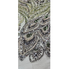 Tule Bordado com Pedrarias Premium Verde Militar com Verde Oliva Multicolor Modelo HT98370  