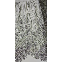 Tule Bordado com Pedrarias Premium Verde Militar com Verde Oliva Multicolor Modelo HT98370  