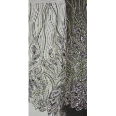 Tule Bordado com Pedrarias Premium Verde Militar com Verde Oliva Multicolor Modelo HT98370  