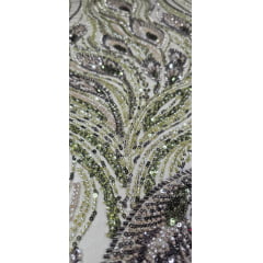 Tule Bordado com Pedrarias Premium Verde Militar com Verde Oliva Multicolor Modelo HT98370  