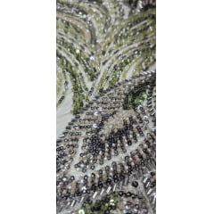 Tule Bordado com Pedrarias Premium Verde Militar com Verde Oliva Multicolor Modelo HT98370  