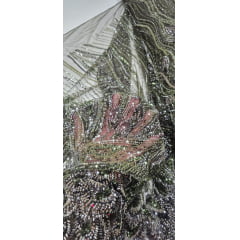 Tule Bordado com Pedrarias Premium Verde Militar com Verde Oliva Multicolor Modelo HT98370  