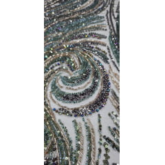Tule Bordado com Pedrarias Premium Verde Militar Multicolor Modelo HS70750