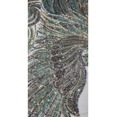 Tule Bordado com Pedrarias Premium Verde Militar Multicolor Modelo HS70750