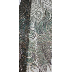 Tule Bordado com Pedrarias Premium Verde Militar Multicolor Modelo HS70750