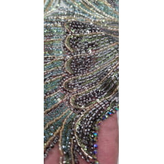Tule Bordado com Pedrarias Premium Verde Militar Multicolor Modelo HS70750