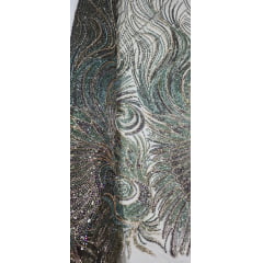 Tule Bordado com Pedrarias Premium Verde Militar Multicolor Modelo HS70750