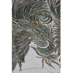 Tule Bordado com Pedrarias Premium Verde Militar Multicolor Modelo HS70750