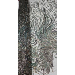 Tule Bordado com Pedrarias Premium Verde Militar Multicolor Modelo HS70750