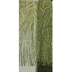 Tule Bordado com Pedrarias Premium Verde Oliva Claro Multicolor HT97424