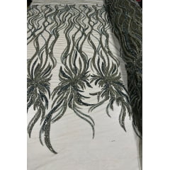 Tule Bordado com Pedrarias Premium Verde Oliva Modelo HS3024 