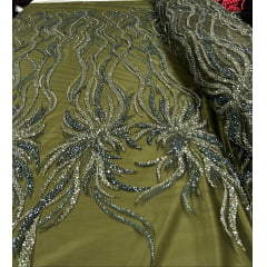 Tule Bordado com Pedrarias Premium Verde Oliva Modelo HS3024 