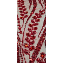 Tule Bordado com Pedrarias Premium Vermelho 853B