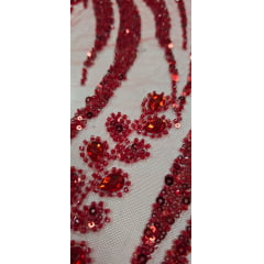Tule Bordado com Pedrarias Premium Vermelho 853B