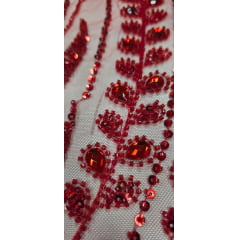 Tule Bordado com Pedrarias Premium Vermelho 853B