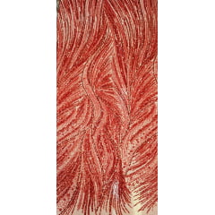 Tule Bordado com Pedrarias Premium Vermelho Cereja  HT97424