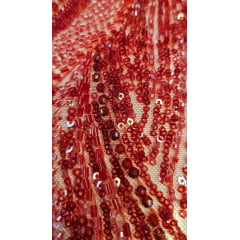 Tule Bordado com Pedrarias Premium Vermelho Cereja  HT97424