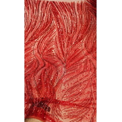 Tule Bordado com Pedrarias Premium Vermelho Cereja  HT97424