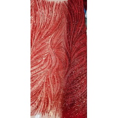 Tule Bordado com Pedrarias Premium Vermelho Cereja  HT97424