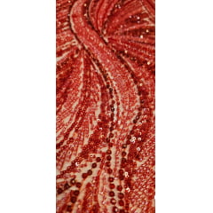 Tule Bordado com Pedrarias Premium Vermelho Cereja  HT97424