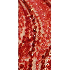 Tule Bordado com Pedrarias Premium Vermelho Cereja  HT97424
