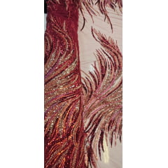 Tule Bordado com Pedrarias Premium Vermelho Cereja Multicolor HT70575