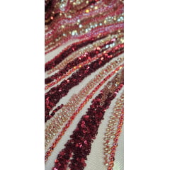 Tule Bordado com Pedrarias Premium Vermelho Cereja Multicolor HT70575