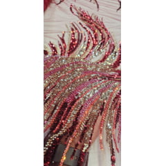 Tule Bordado com Pedrarias Premium Vermelho Cereja Multicolor HT70575