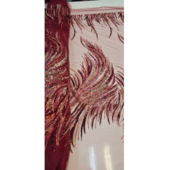 Tule Bordado com Pedrarias Premium Vermelho Cereja Multicolor HT70575