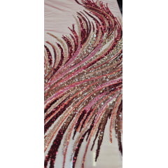 Tule Bordado com Pedrarias Premium Vermelho Cereja Multicolor HT70575