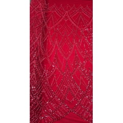 Tule Bordado com Pedrarias Premium Vermelho Cereja Y1627TY