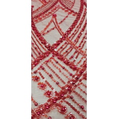 Tule Bordado com Pedrarias Premium Vermelho Cereja Y1627TY