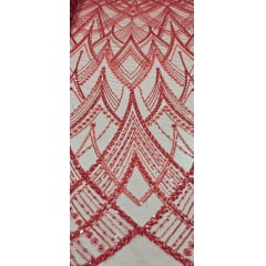 Tule Bordado com Pedrarias Premium Vermelho Cereja Y1627TY