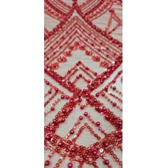Tule Bordado com Pedrarias Premium Vermelho Cereja Y1627TY